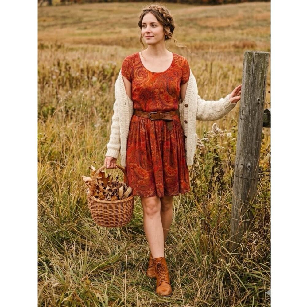 Peruvian Connection Rustic Boho Paisley Print Burnt Orange Drop Waist Dress Sz M